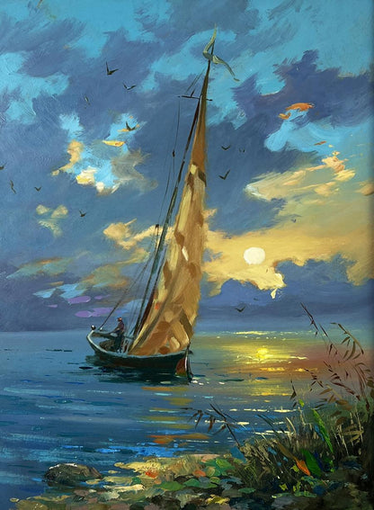 Oil painting of sailboat at sunset by Yuriy Suprunchuk