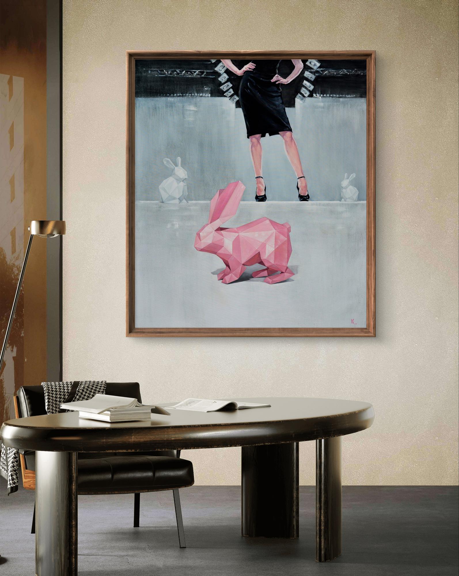 Framed oil painting of pink geometric rabbit by Oleg Kateryniuk