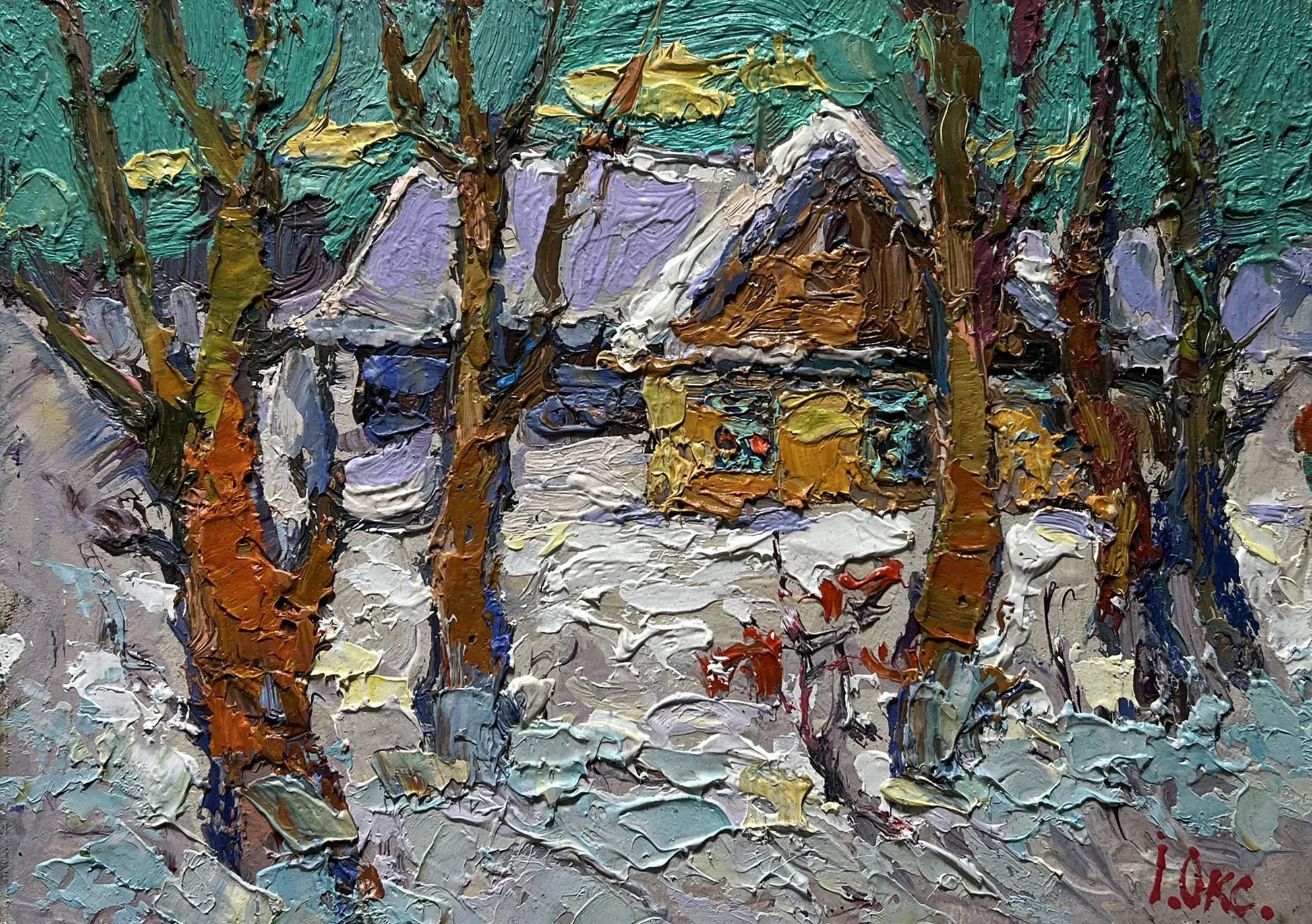 Oil painting The yard was covered with snow by Oksana Ivanyuk snowy village scene