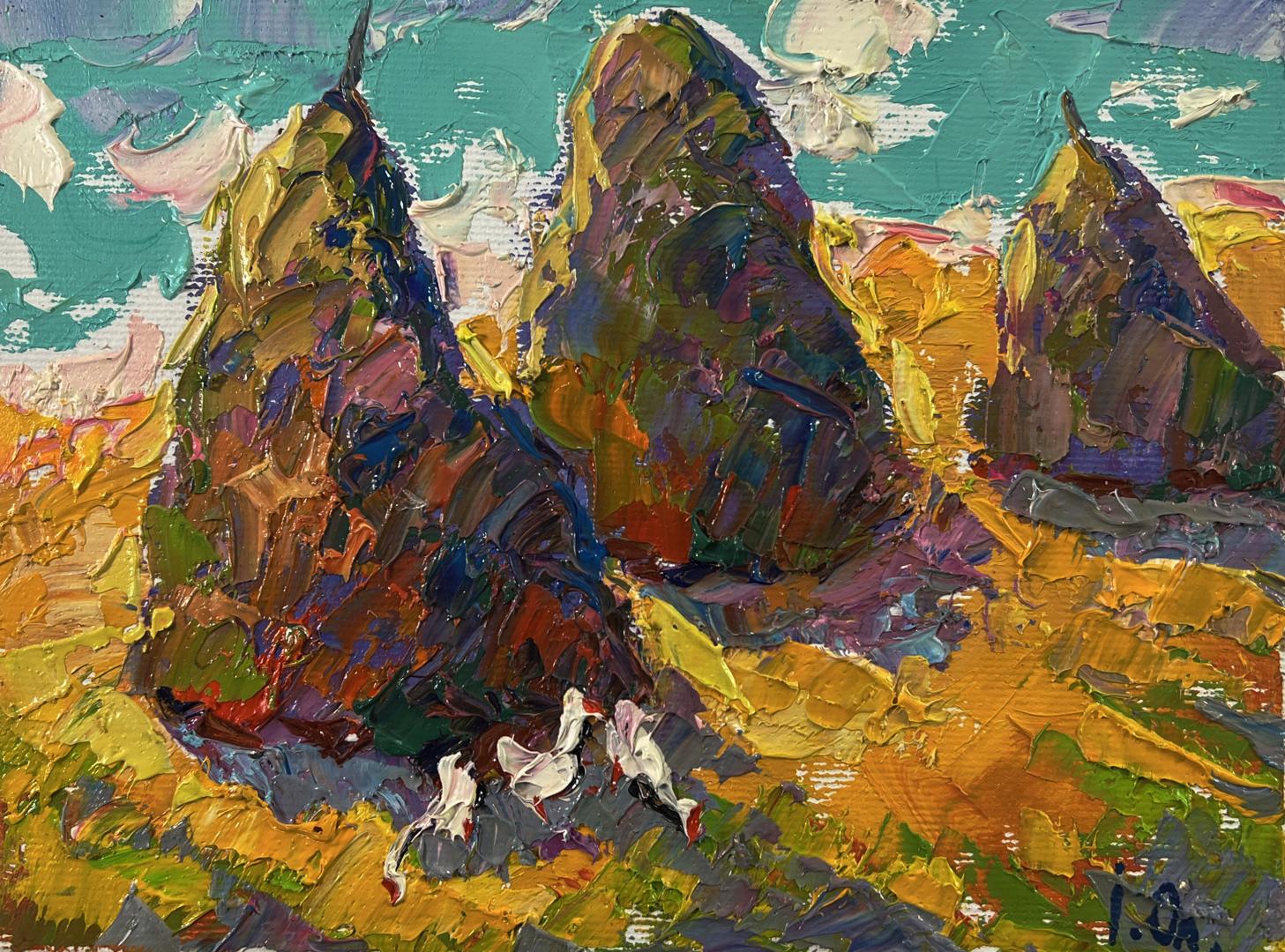 Vibrant impressionist oil painting of geese by mountains, Oleksiy Ivanyuk