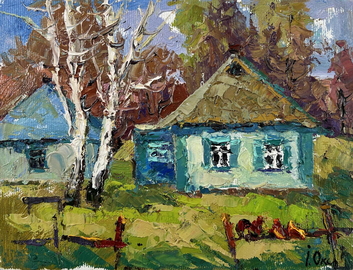 Oil painting Whispers of Spring by Oksana Ivanyuk: charming blue house among autumn trees
