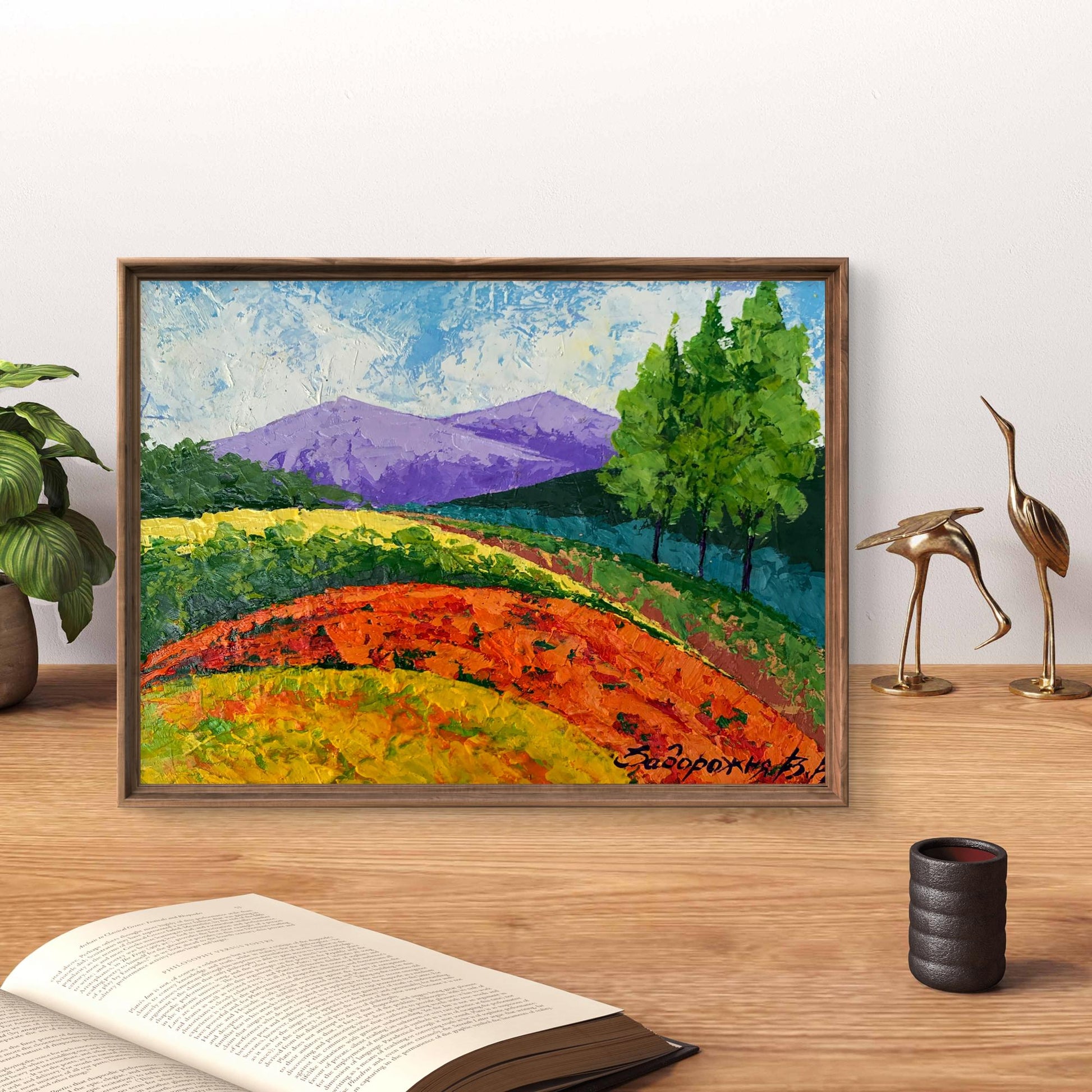 Framed Oil painting Far away in the mountains V. Zadorozhnya vibrant landscape