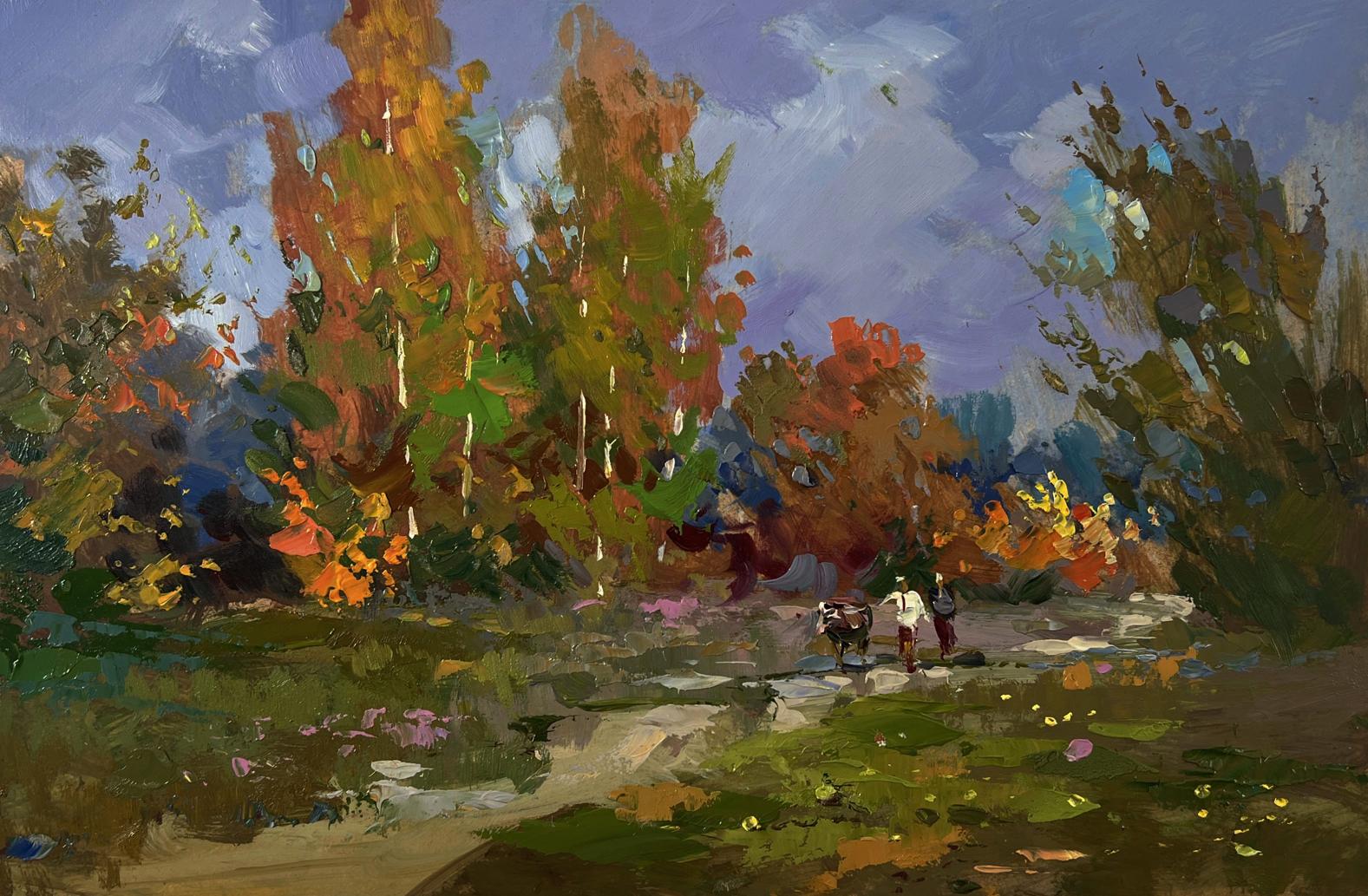 Oil painting Autumn forest by Yuriy Suprunchuk vibrant trees blue sky