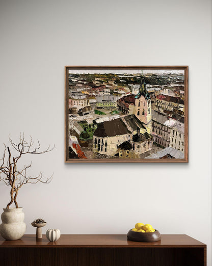 Oil painting Panorama with cathedral Horishnyi N.A. urban landscape