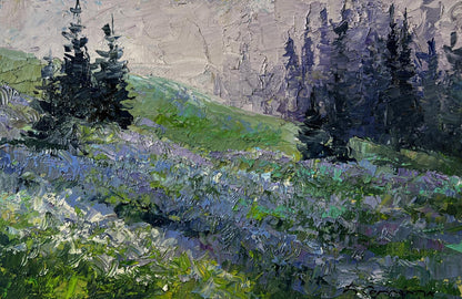 Oil painting of mountain meadows by Boris Serdyuk with lush green hills and wildflowers