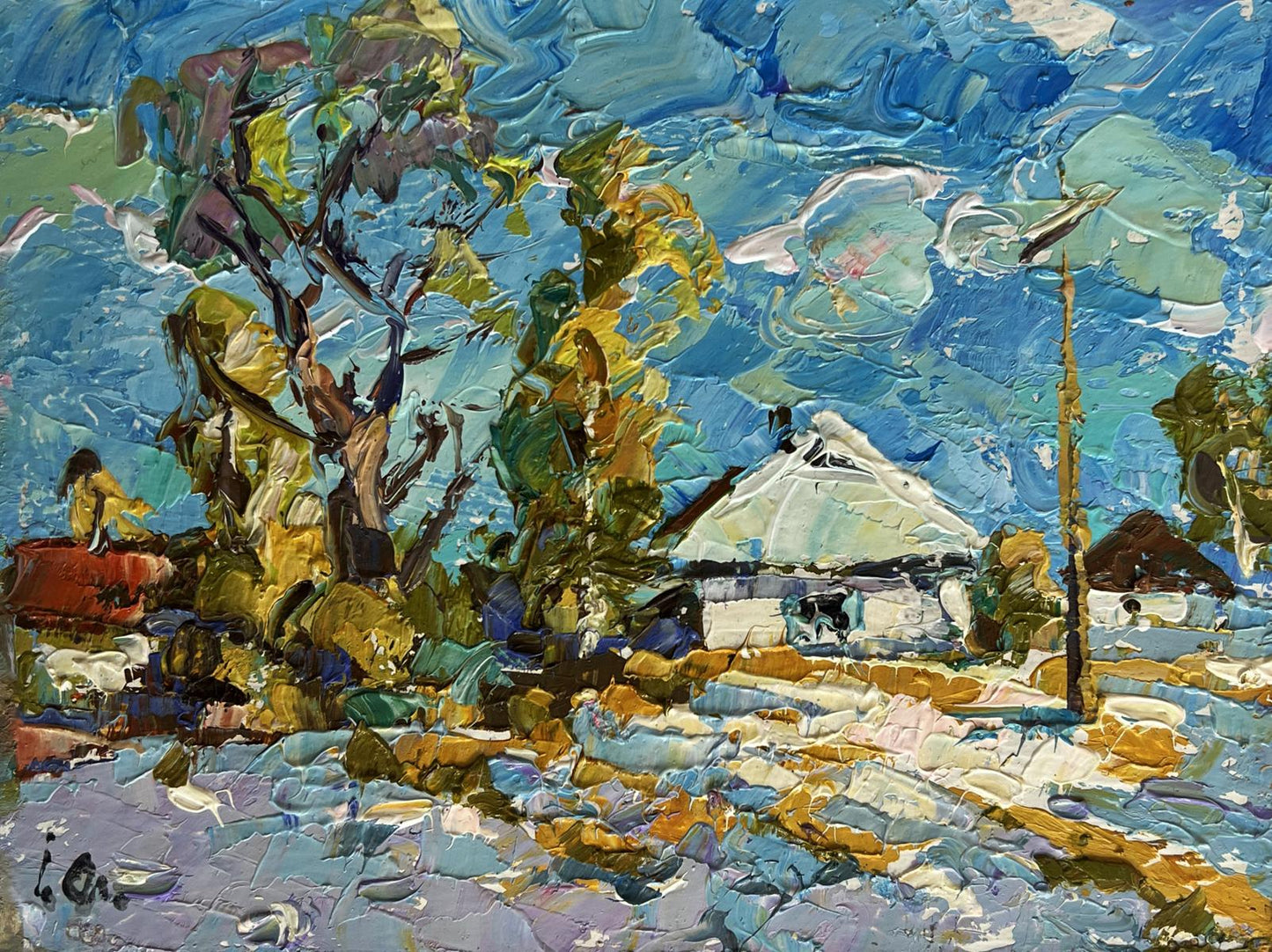 Vibrant impressionist oil painting of white yurt in snow by Oleksiy Ivanyuk