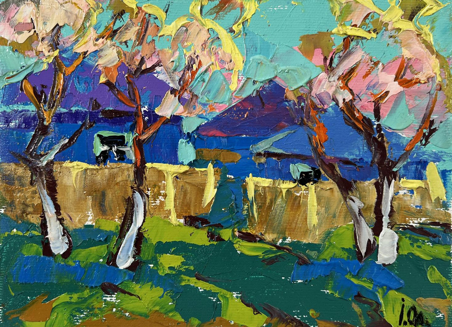 Vibrant Spring Awakening oil painting by Oleksiy Ivanyuk: pink yellow blossoming trees, blue hills