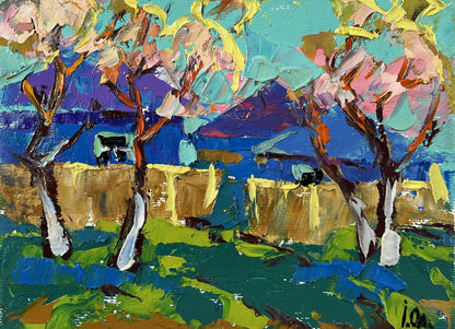 Vibrant Spring Awakening oil painting by Oleksiy Ivanyuk: pink yellow blossoming trees, blue hills