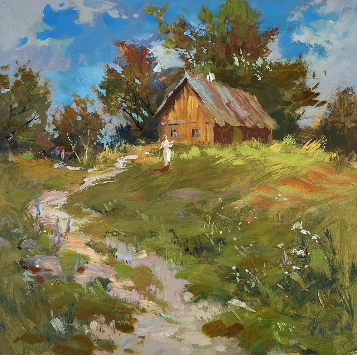 Oil painting of rustic cabin on hill by Yuriy Suprunchuk