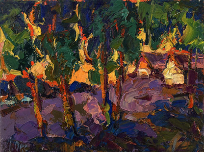Vibrant impressionist oil painting of orange sunset behind trees by Oksana Ivanyuk