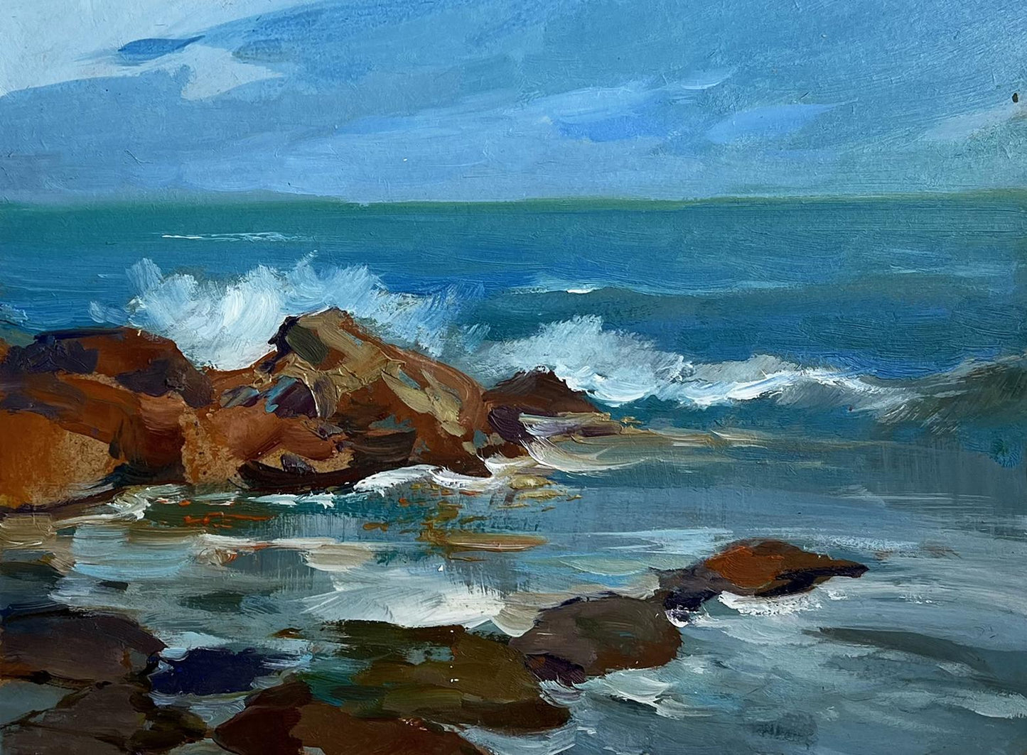 Oil painting by Yuriy Suprunchuk: waves crashing on rugged shoreline rocks