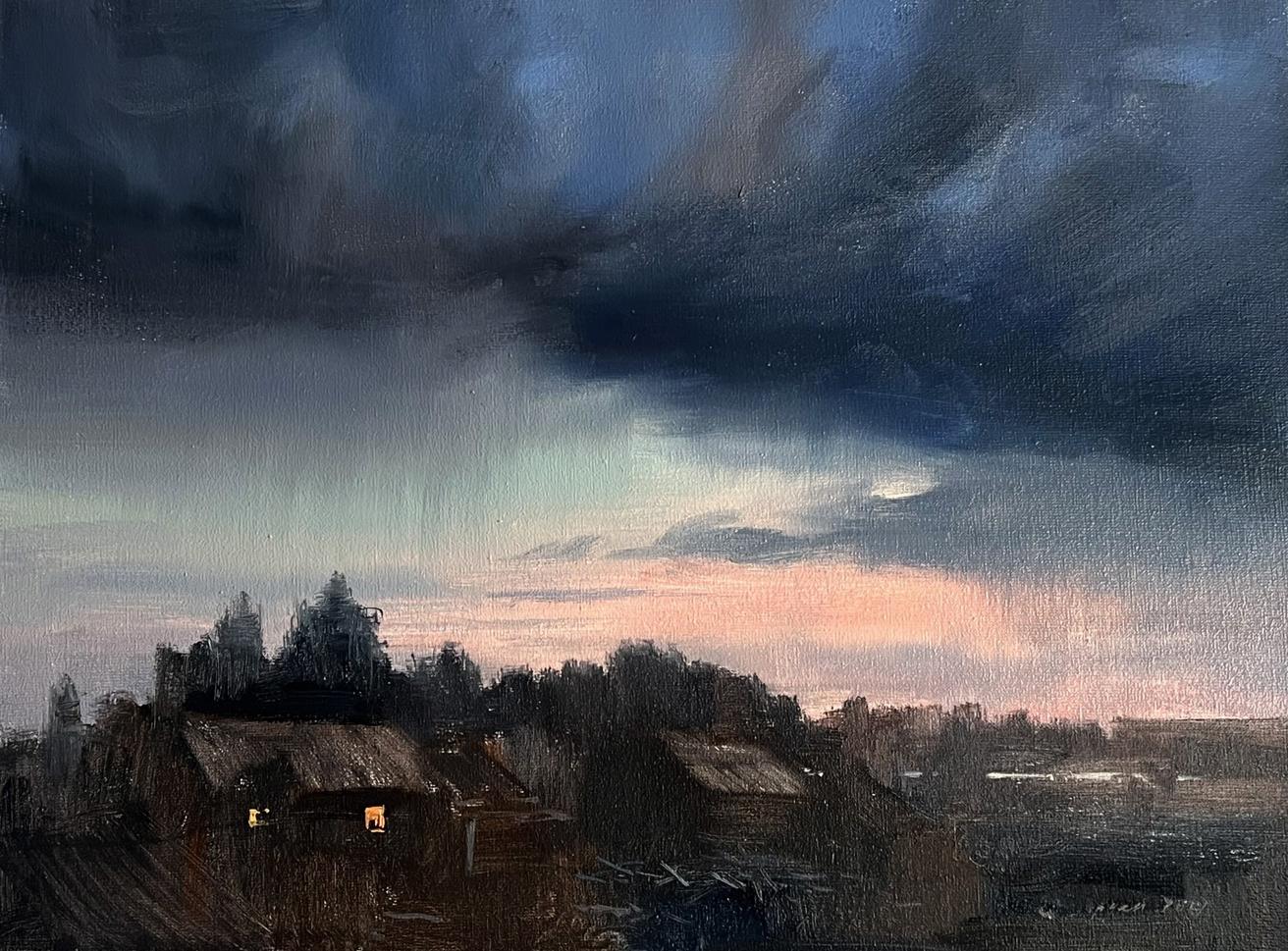 Dark moody storm clouds over quiet village at dusk, Tatyana Derdey oil painting