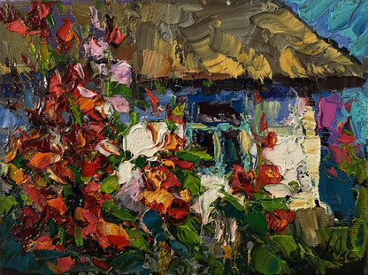 Vibrant impressionist oil painting by Oksana Ivanyuk: flowers near thatched house