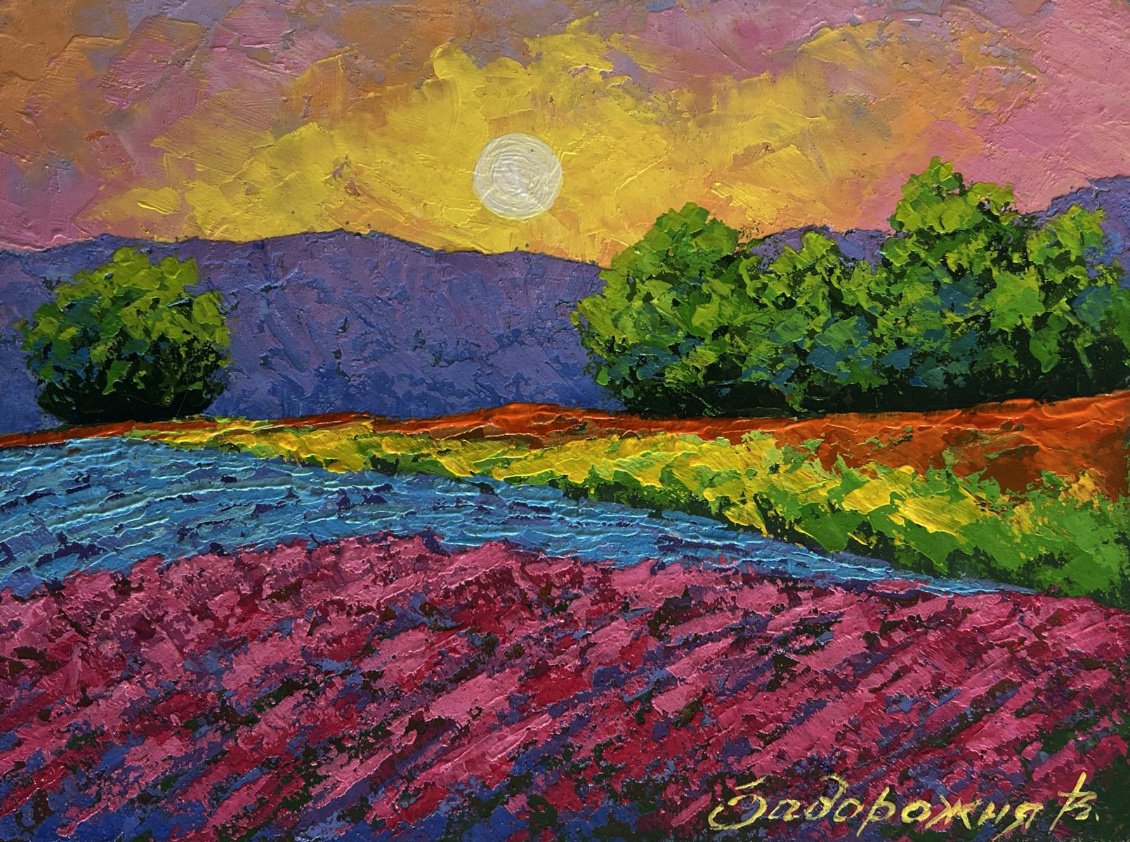 Vibrant impressionist oil painting of lavender field in sunset glow by V. Zadorozhnya