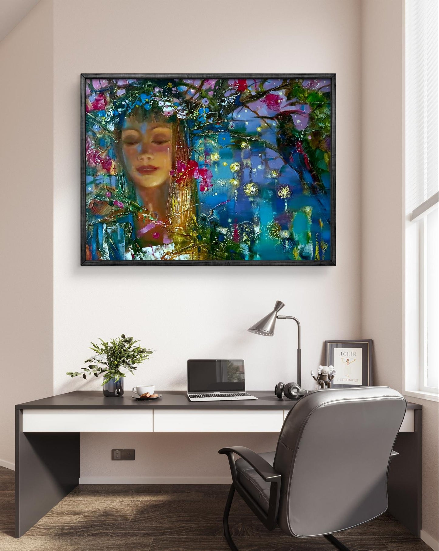 Abstract oil painting Kupala night by Anatoly Tarabanov with serene woman and flowers