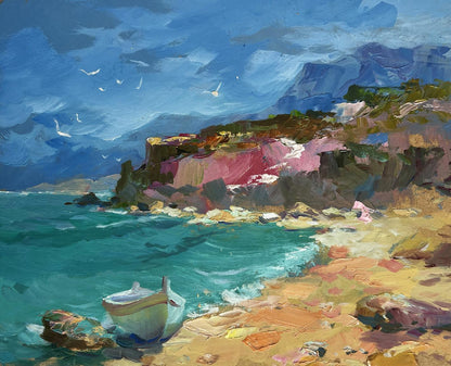 Oil painting After the sea storm by Yuriy Suprunchuk: boat on rocky shore