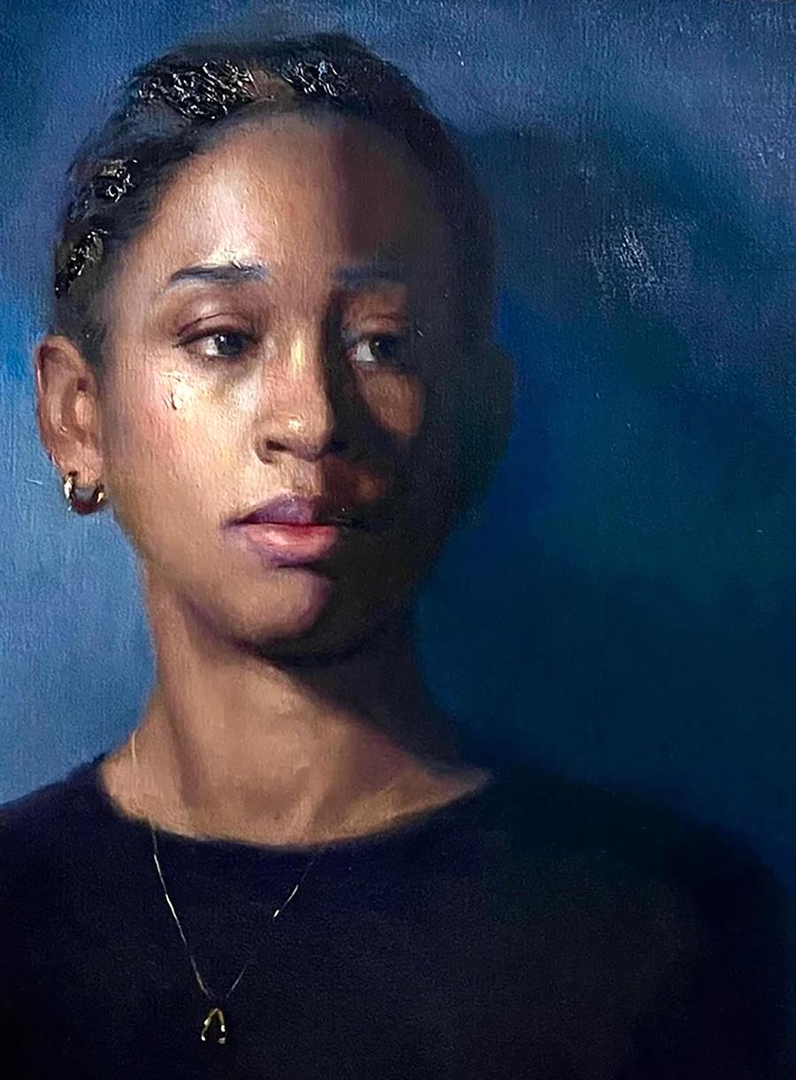 Oil painting portrait of dark-skinned girl Ruby Annam Butt in silver jewelry