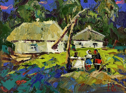 Vibrant impressionist oil painting by Oleksiy Ivanyuk of thatched cottages in lush fields