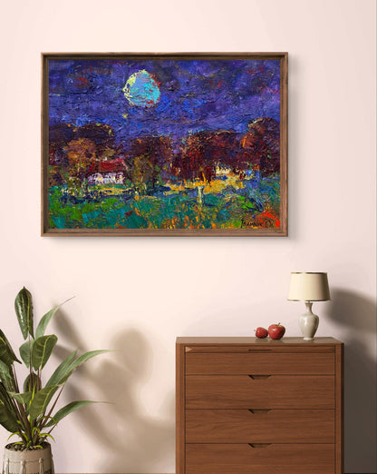 Oil painting Moonlit night in the village by Oleksiy Ivanyuk, vibrant textured night sky