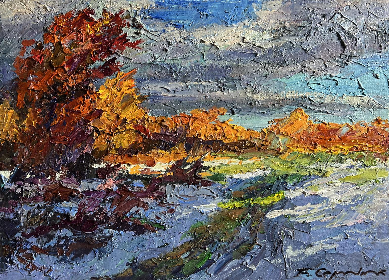Oil painting The first snow fell by Boris Serdyuk with fiery autumn tree