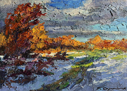 Oil painting The first snow fell by Boris Serdyuk with fiery autumn tree