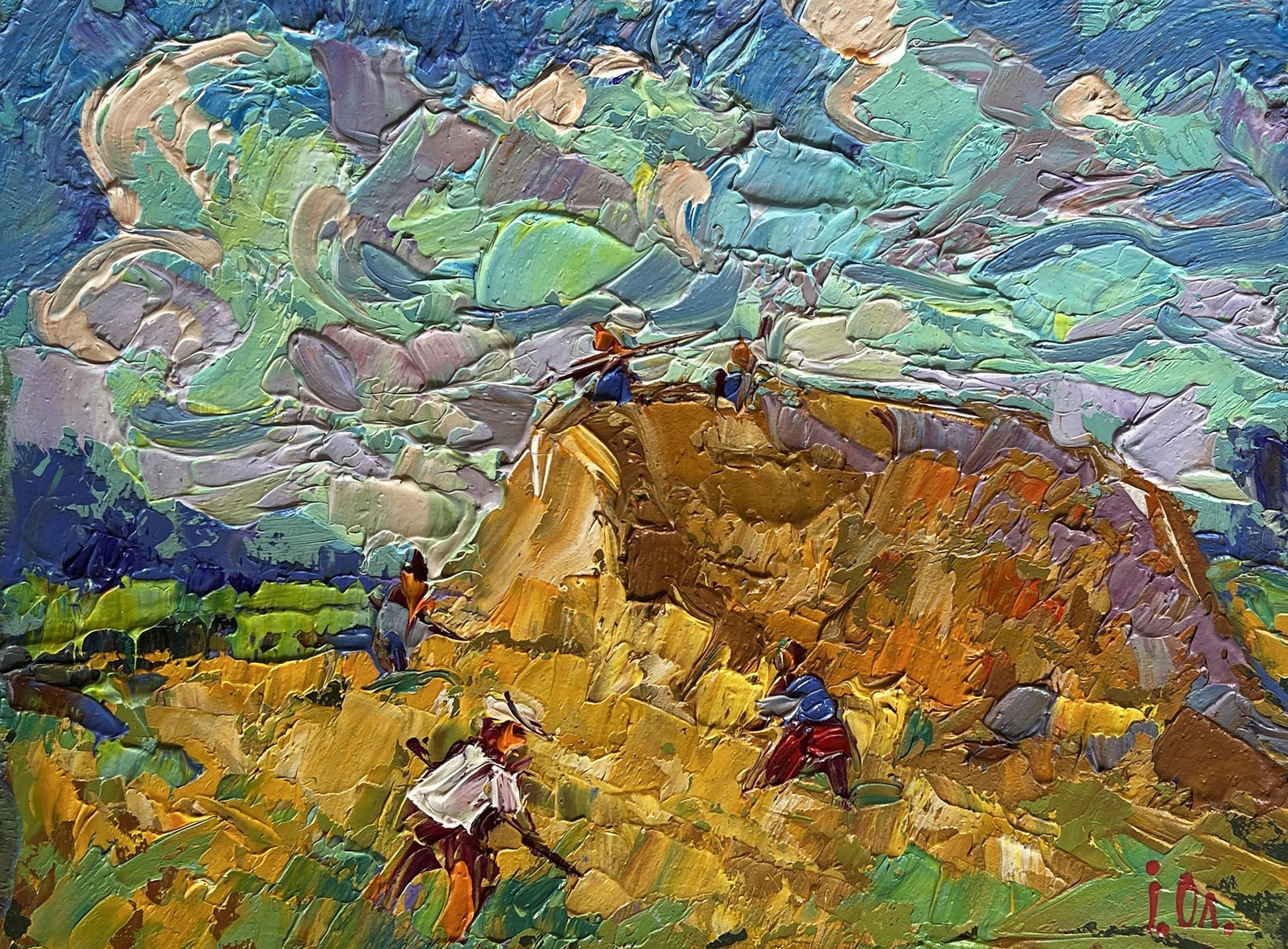 Vibrant impressionist oil painting by Oleksiy Ivanyuk: figures working in field with hay on hillside