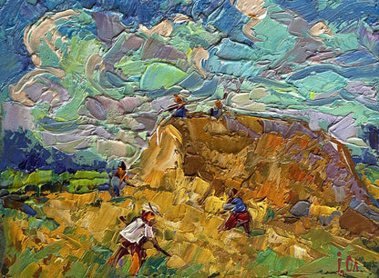 Vibrant impressionist oil painting by Oleksiy Ivanyuk: figures working in field with hay on hillside