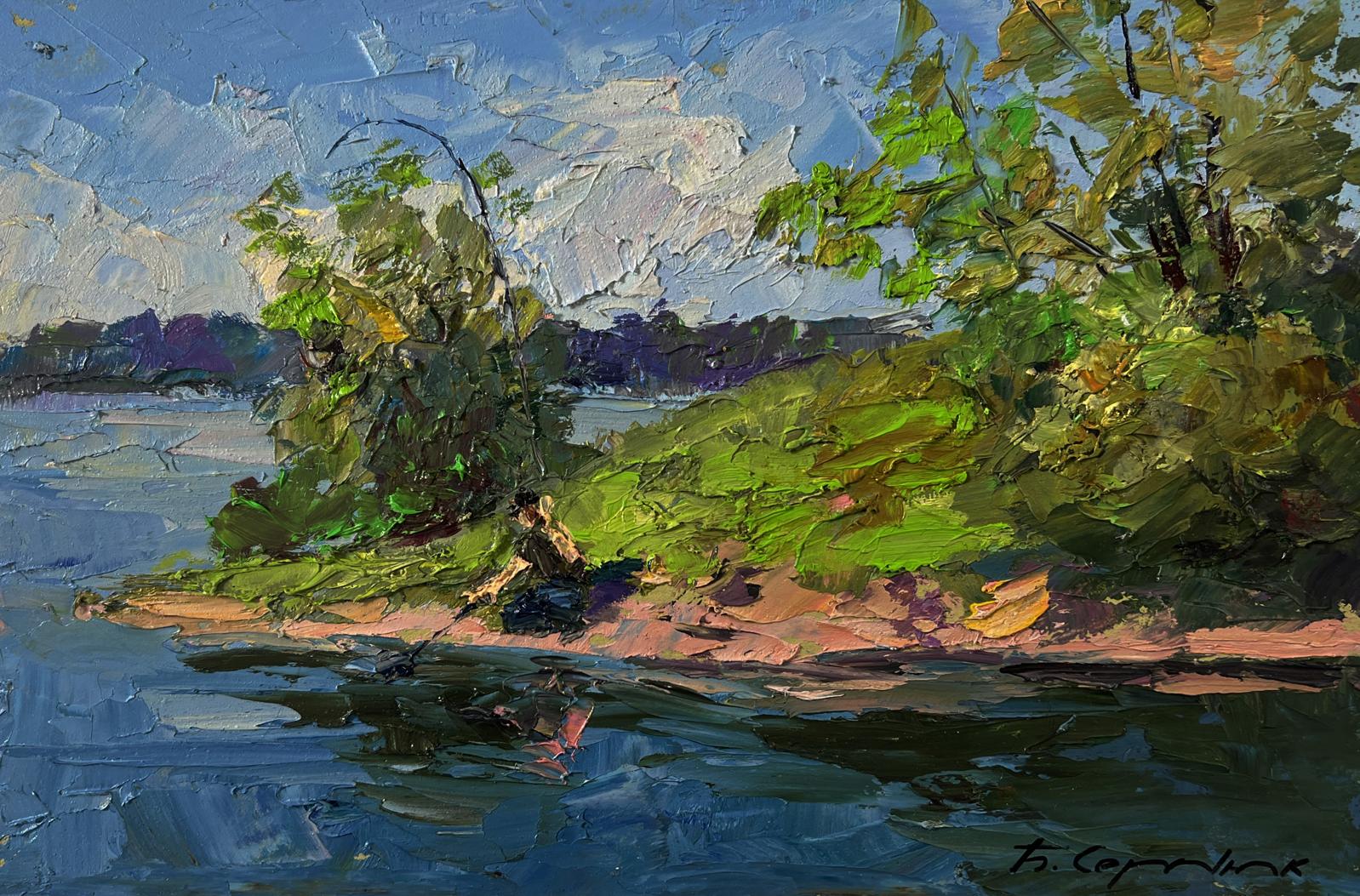 Vibrant impressionistic oil painting Morning fishing by Boris Serdyuk lakeside scene