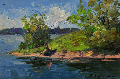 Vibrant impressionistic oil painting Morning fishing by Boris Serdyuk lakeside scene