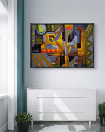 Oil painting Near the crosswalk by Sergiy Voichenko in black frame