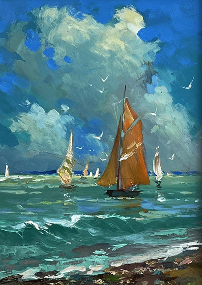 Oil painting of vibrant orange sailboat at sea by Yuriy Suprunchuk