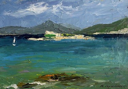 Oil painting Sea and mountains by Boris Serdyuk, impressionist coastal scene