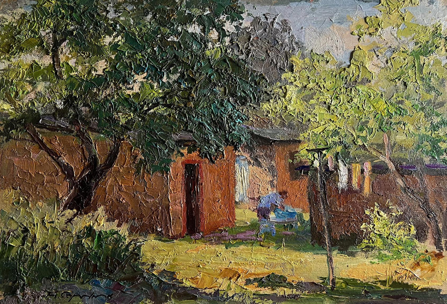 Oil painting Summer holidays in the village by Boris Serdyuk, rustic courtyard