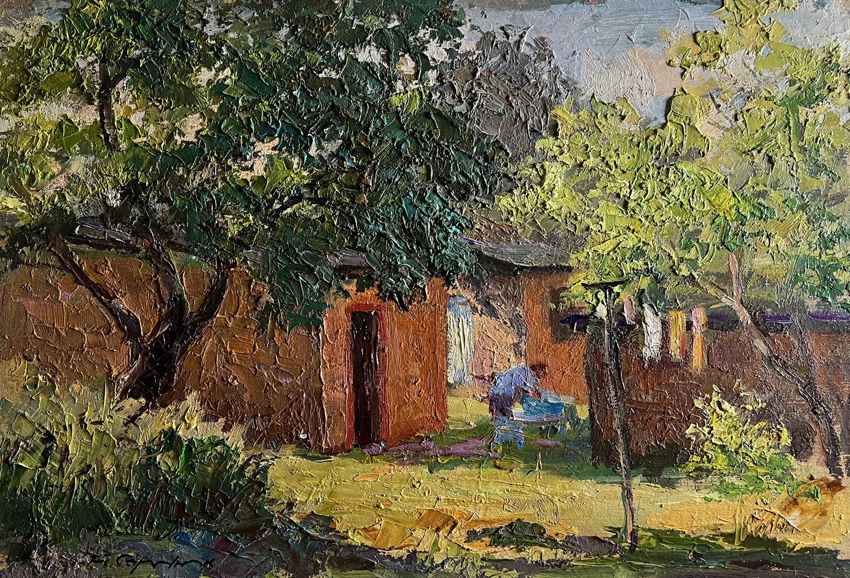 Oil painting Summer holidays in the village by Boris Serdyuk, rustic courtyard