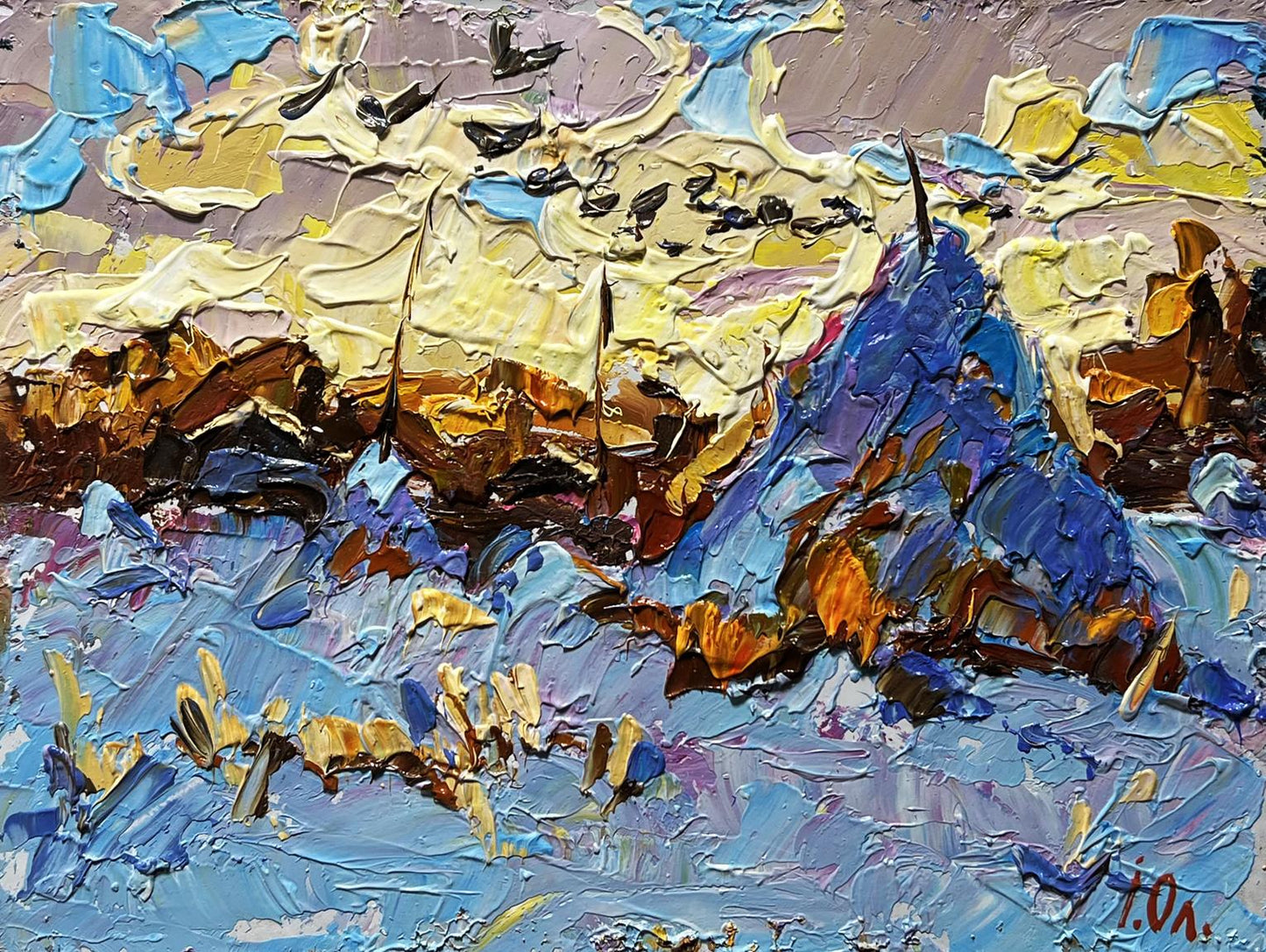 Oil painting Frosty evening by Oleksiy Ivanyuk: vibrant blue mountains and sky