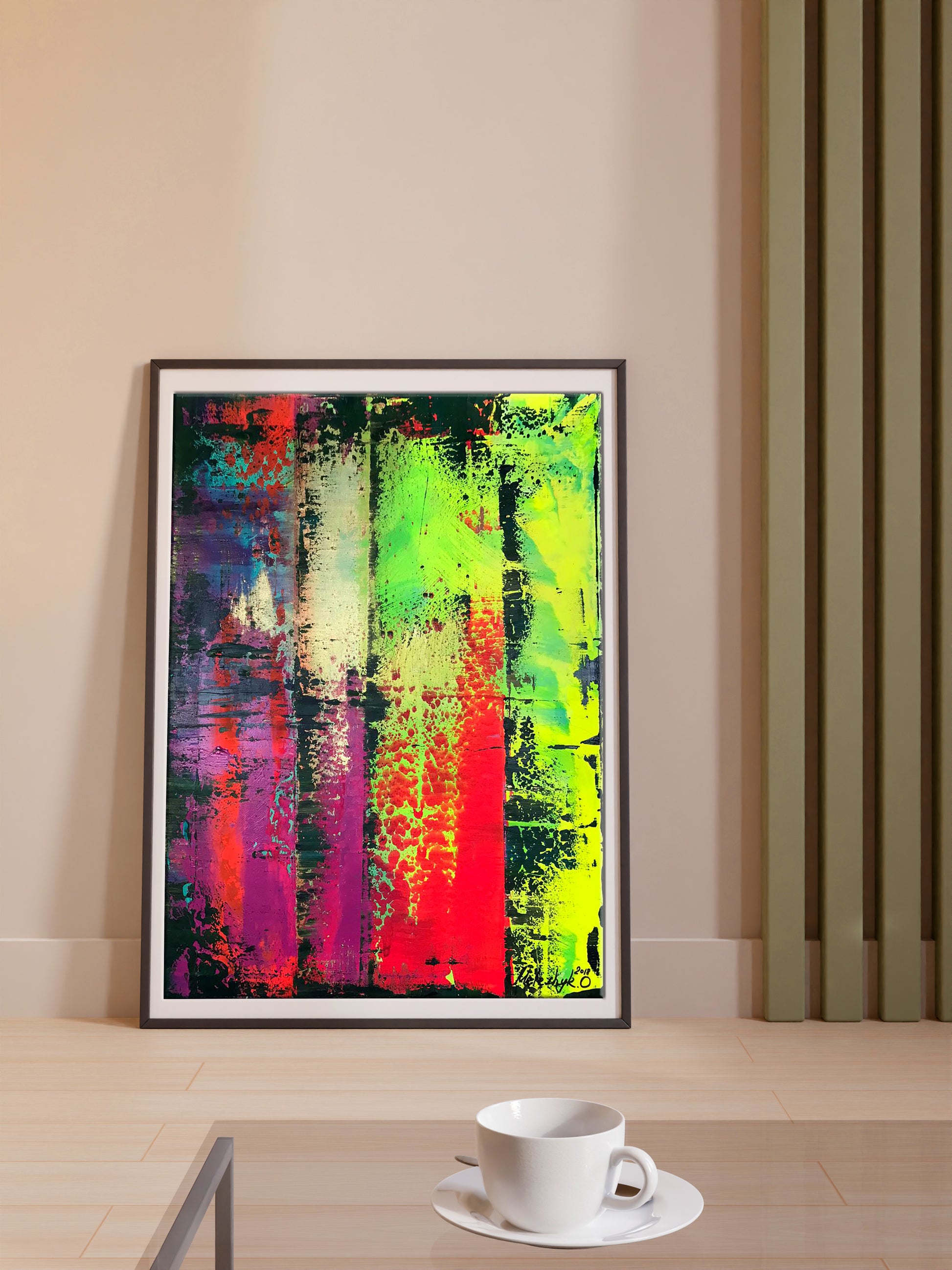 Meeting: vibrant abstract painting with neon green, red, purple streaks