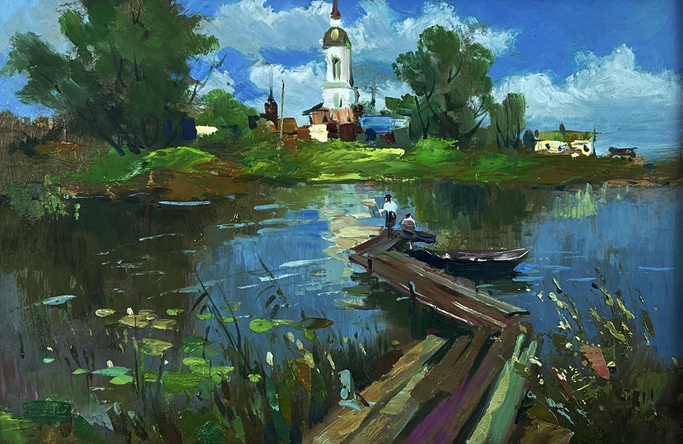 Oil painting of rustic dock and bridge over calm Yuriy Suprunchuk river