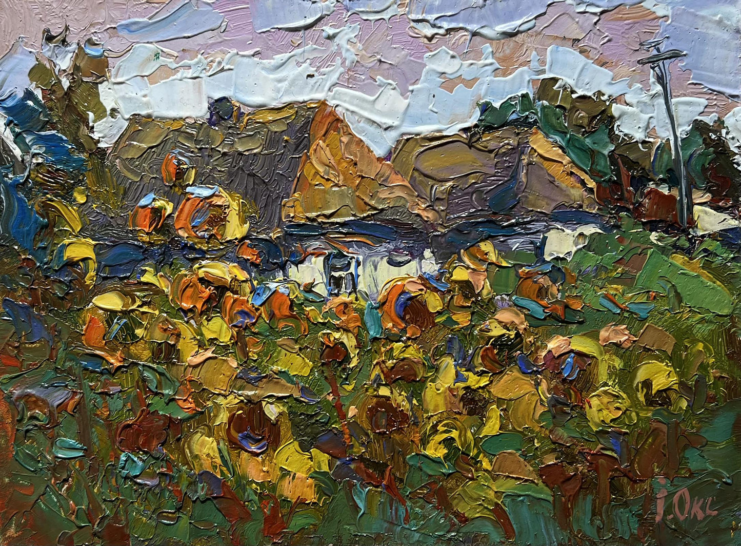 Oil painting of sunlit field with flowers by Oksana Ivanyuk