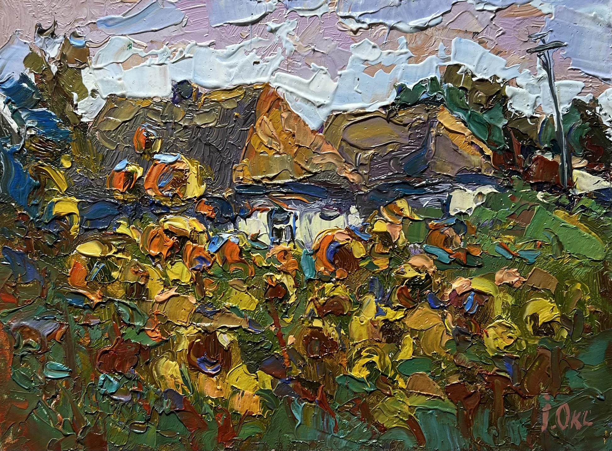Oil painting of sunlit field with flowers by Oksana Ivanyuk