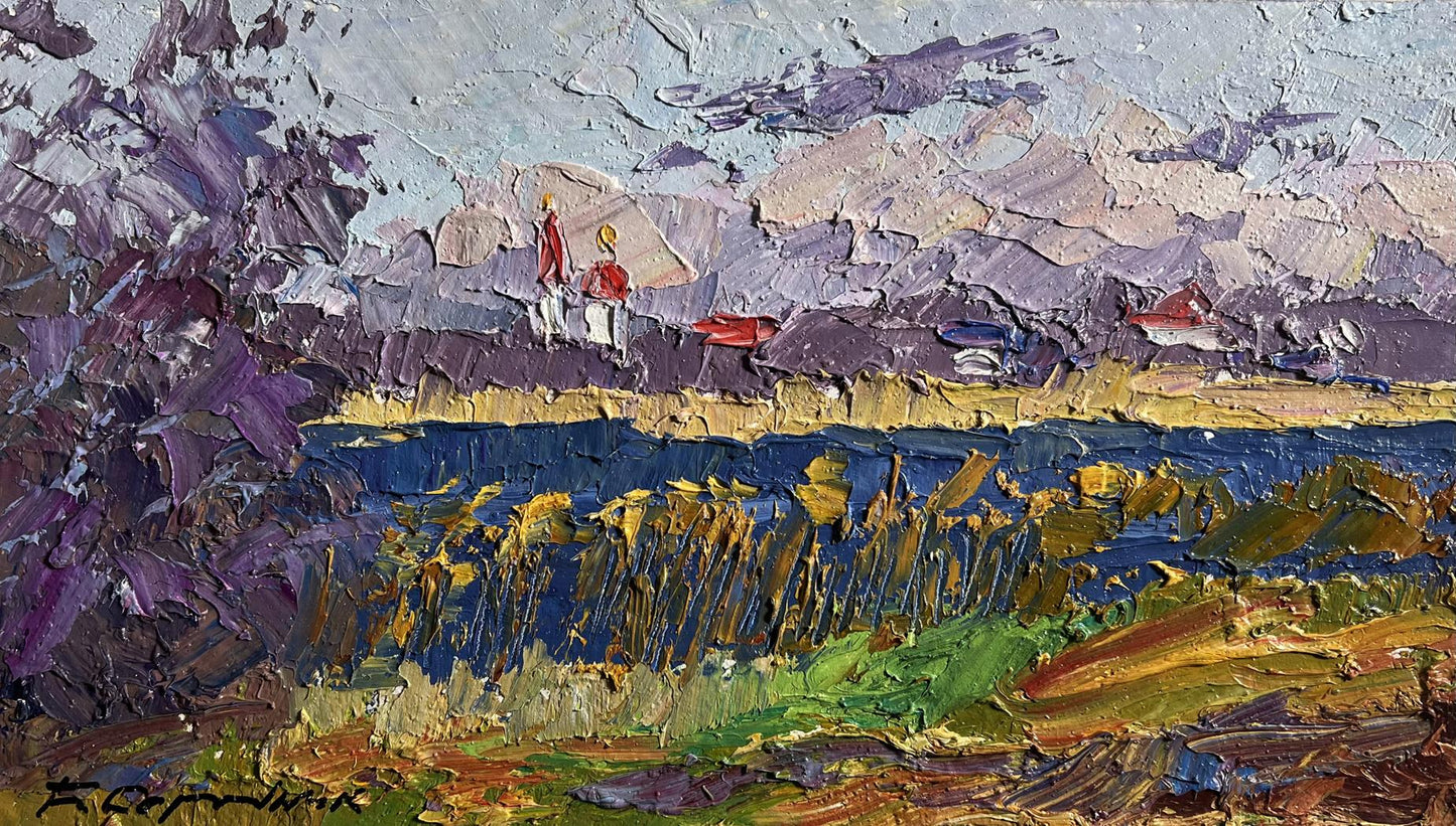 Oil painting River and golden field by Boris Serdyuk, vibrant blue river scene