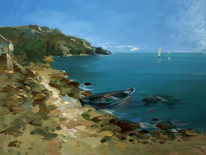 Oil painting of weathered rowboat on rocky shore by Yuriy Suprunchuk