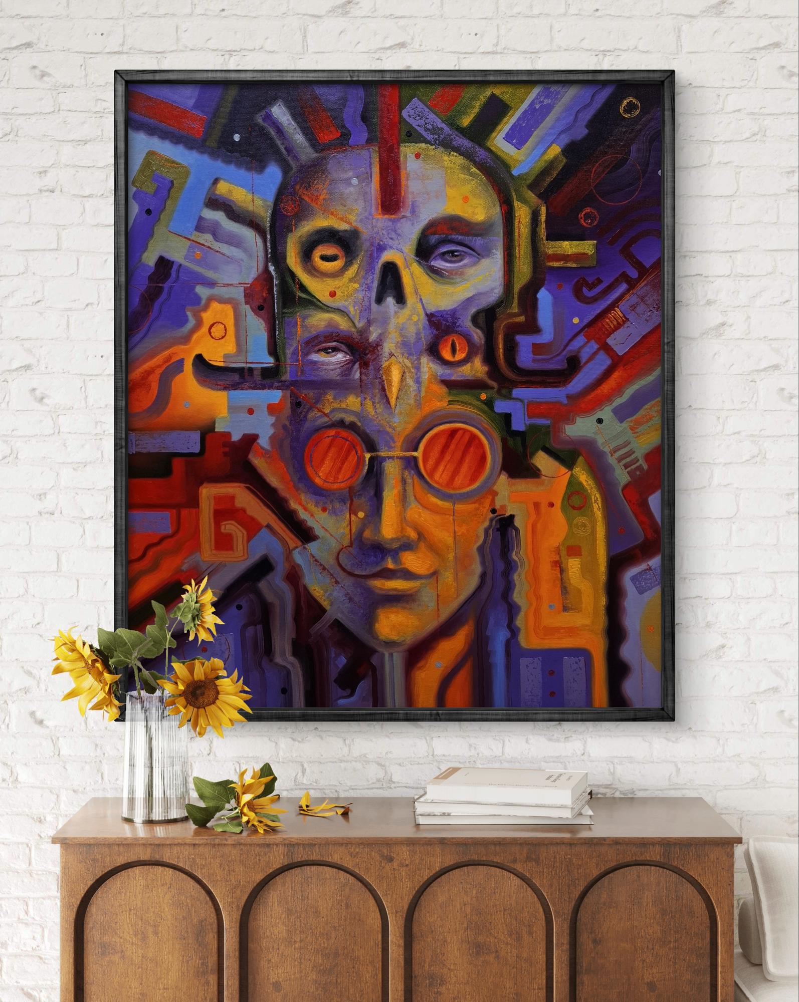 Vibrant oil painting Periscope of Consciousness by Sergiy Voichenko: stylized skull with eyes, circuits
