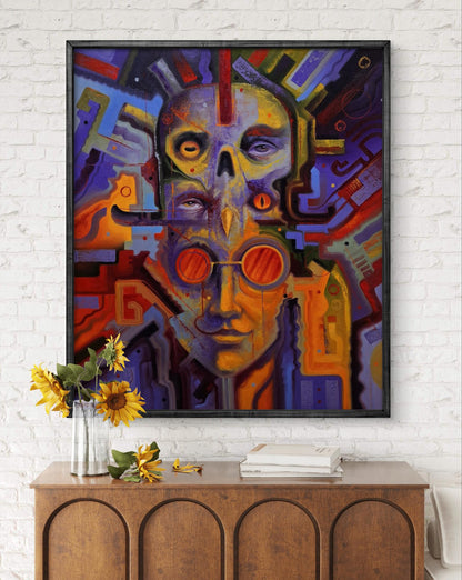 Vibrant oil painting Periscope of Consciousness by Sergiy Voichenko: stylized skull with eyes, circuits