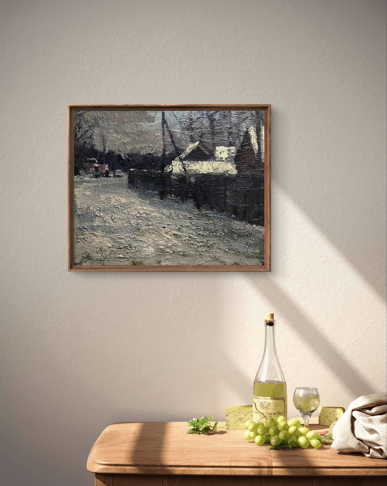 Framed oil painting Snowy spring by Volodymyr Pashchenko, impressionistic snowy village