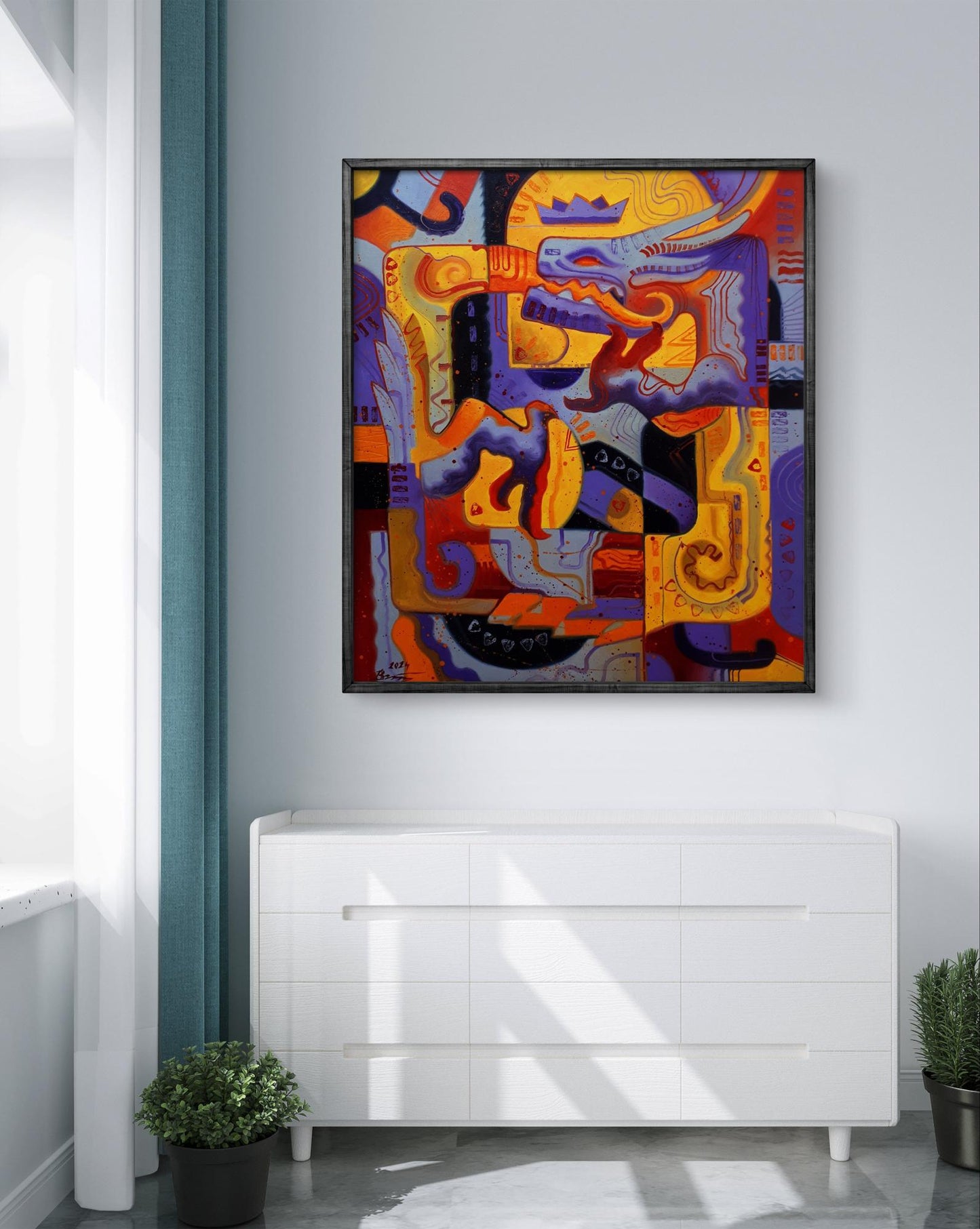 Oil painting Biting the Tail by Sergiy Voichenko in black frame