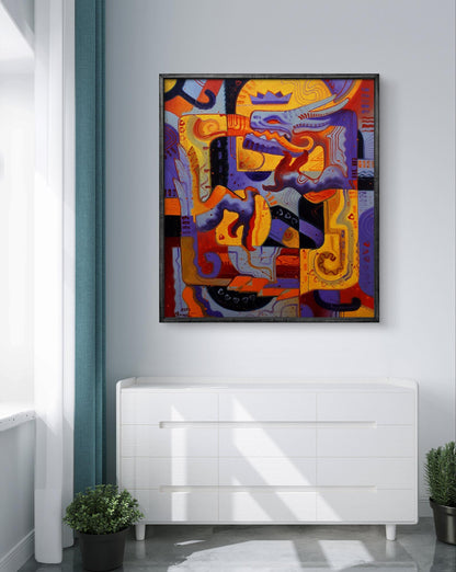 Oil painting Biting the Tail by Sergiy Voichenko in black frame