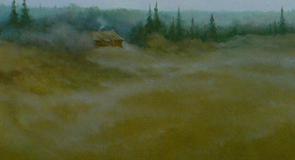 Oil painting of Vasily Korkishkos rustic hunters hut in misty field
