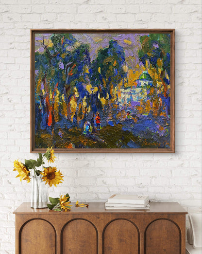 Vibrant impressionistic oil painting Alley in the Park by Oleksiy Ivanyuk in rustic wooden frame