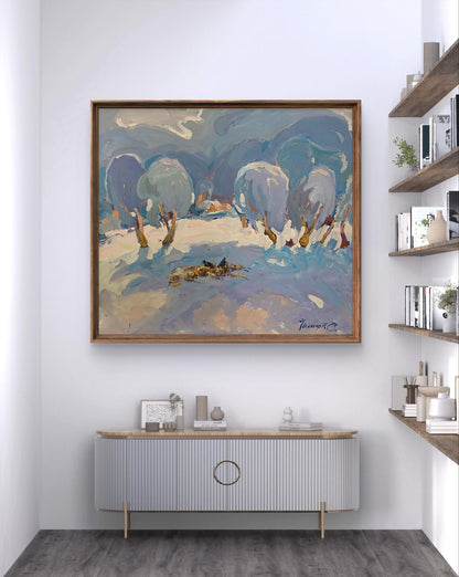 Framed Oil painting Covered with snow by Oleksiy Ivanyuk, abstract snowy landscape