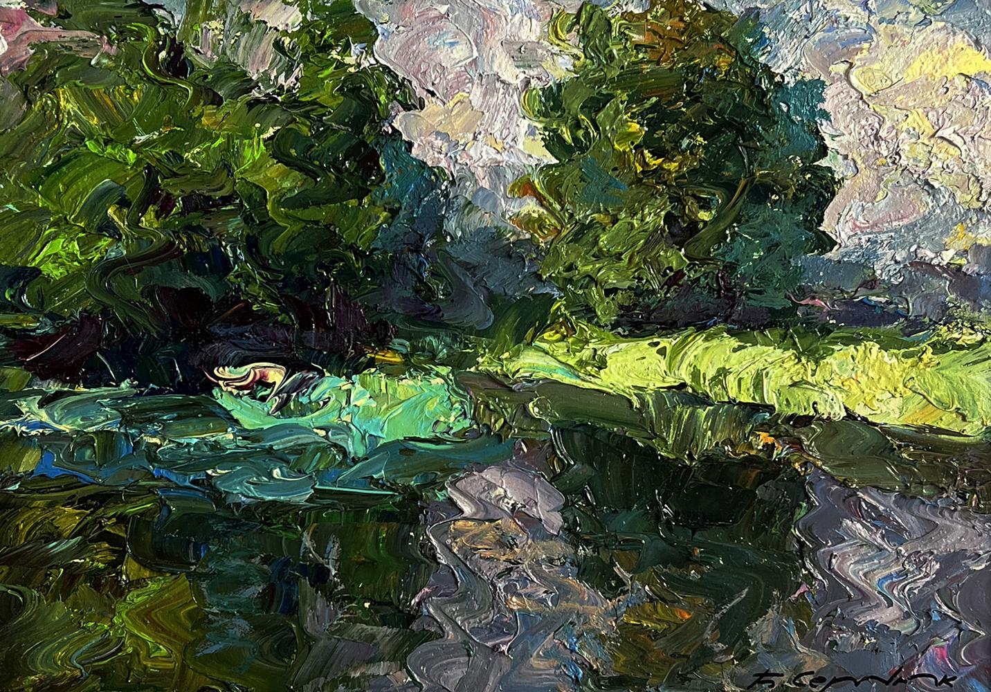 Vibrant impasto oil painting Quiet daytime river by Boris Serdyuk